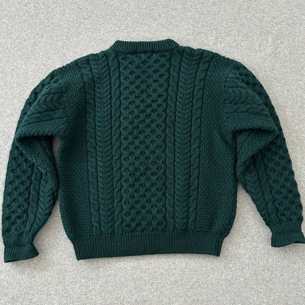 Vtg LL Bean Cable Knit Fisherman Sweater M Green Chunky Ireland Heritage Wool - Picture 2 of 9
